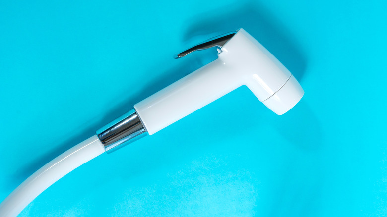 Bidetsproeier of bidetdouche, ook bekend als jet-toiletdouche, badkameruitrusting voor het afgeven van water voor reinigingsdoeleinden, geïsoleerd op een blauwe achtergrond.