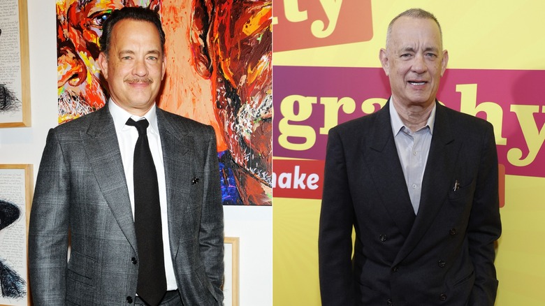 Tom Hanks in 2012 en in 2026 nadat hij om gezondheidsredenen was afgevallen