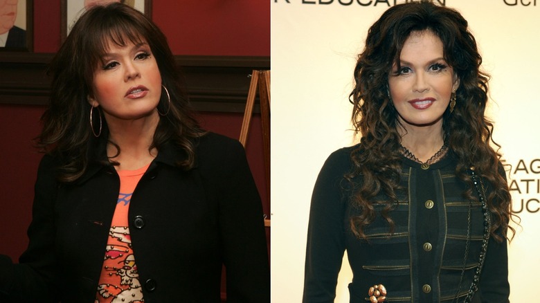 Side-by-side foto's die het gewichtsverlies van Marie Osmond laten zien