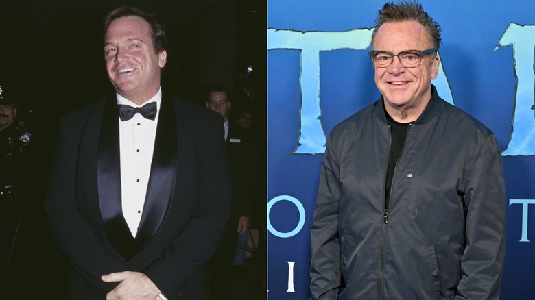 Foto's naast elkaar die het gewichtsverlies van Tom Arnold laten zien