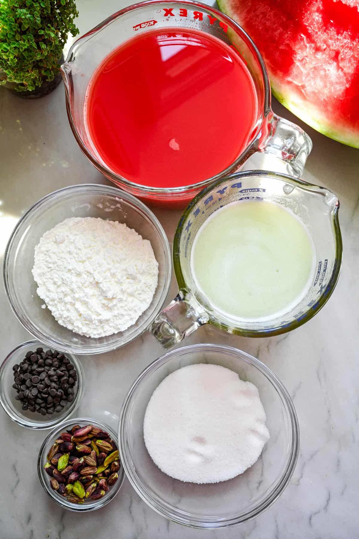 Luchtmening van de ingrediënten van de watermeloenpudding.