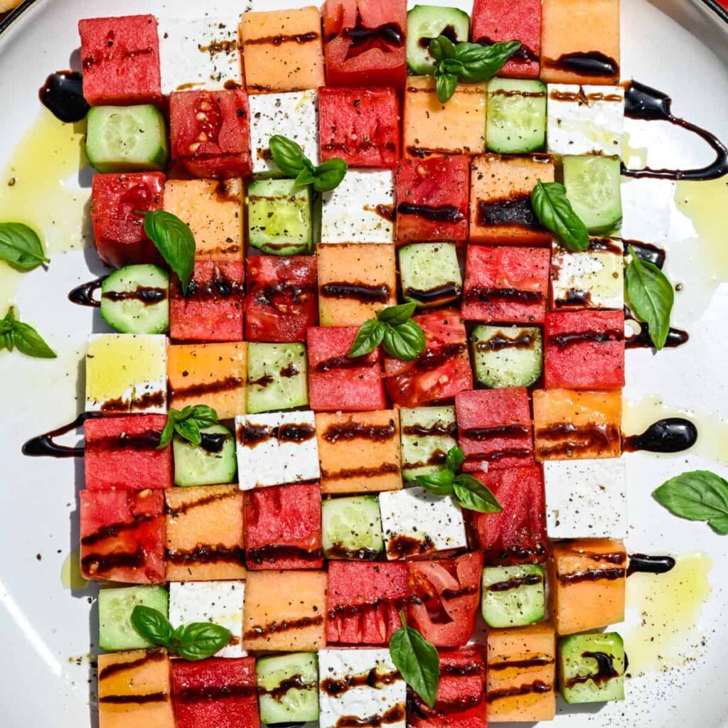 Watermeloen schaakbordsalade